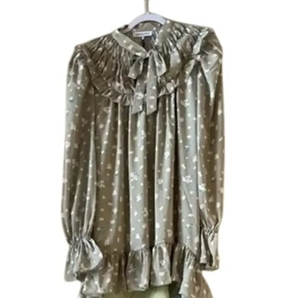 NWT WeWoreWhat High Low Polka Dot Floral Drape Ruffled Long Sleeve Dress S Sage - Picture 3 of 15